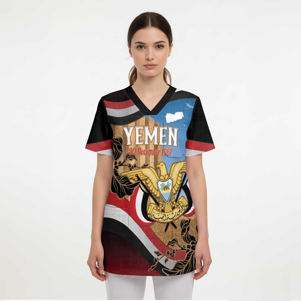 Personalised Yemen Independence Day Scrub Top Awwam Temple With Coat Of Arms Proud - Wonder Print Shop