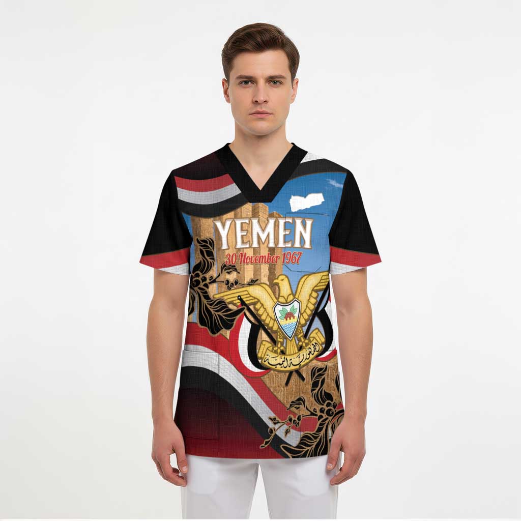 Personalised Yemen Independence Day Scrub Top Awwam Temple With Coat Of Arms Proud - Wonder Print Shop