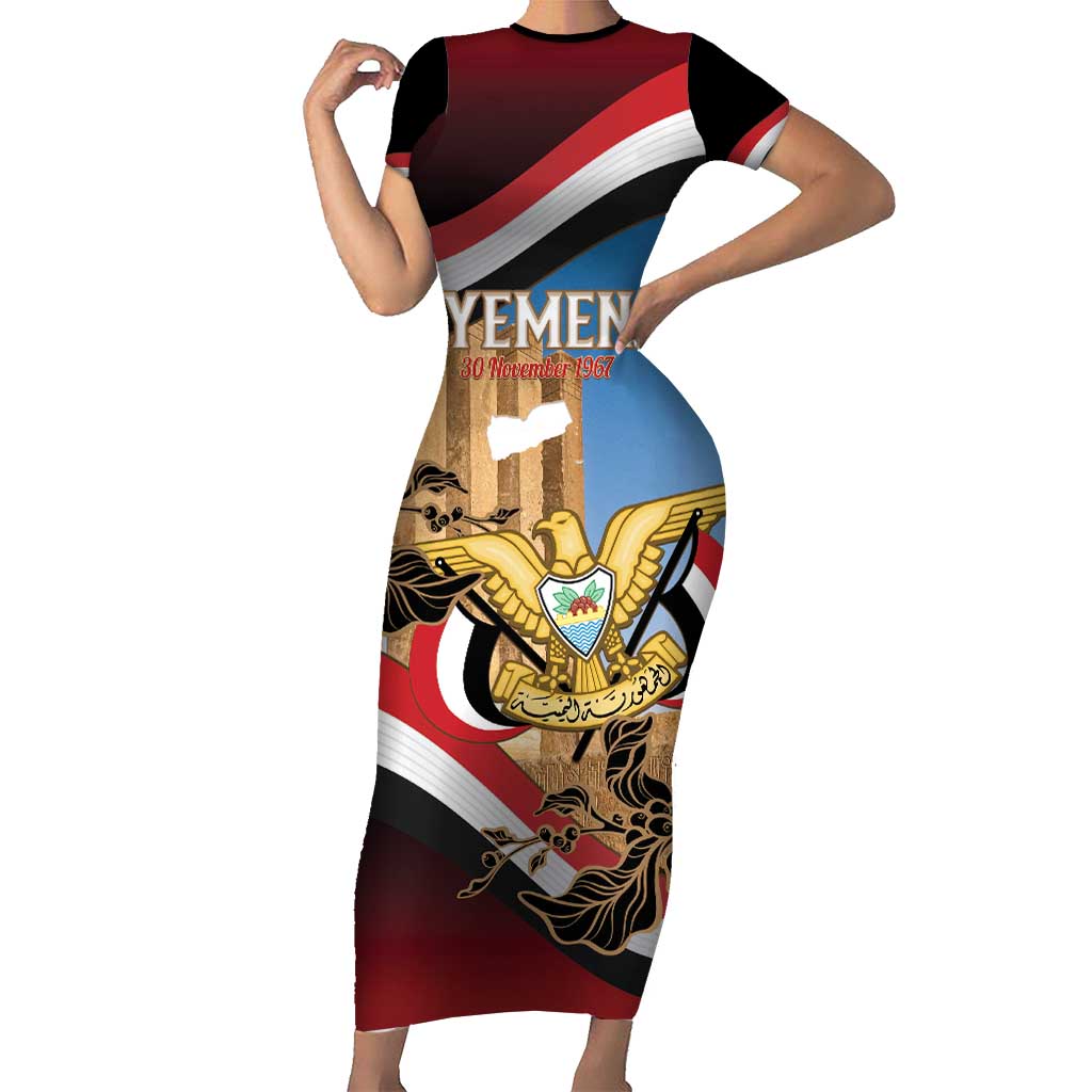 Personalised Yemen Independence Day Short Sleeve Bodycon Dress Awwam Temple With Coat Of Arms Proud - Wonder Print Shop
