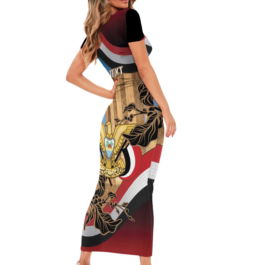 Personalised Yemen Independence Day Short Sleeve Bodycon Dress Awwam Temple With Coat Of Arms Proud - Wonder Print Shop