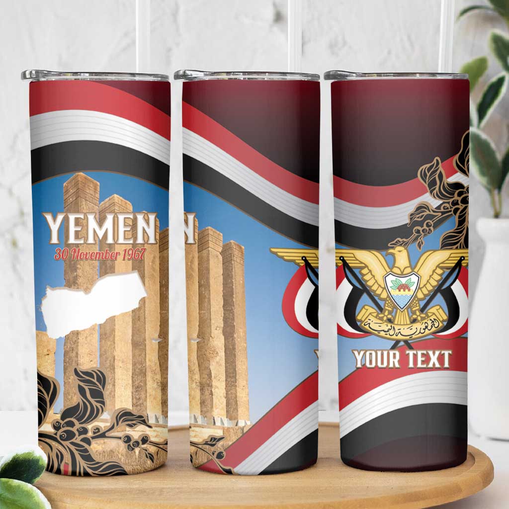 Personalised Yemen Independence Day Skinny Tumbler Awwam Temple With Coat Of Arms Proud - Wonder Print Shop