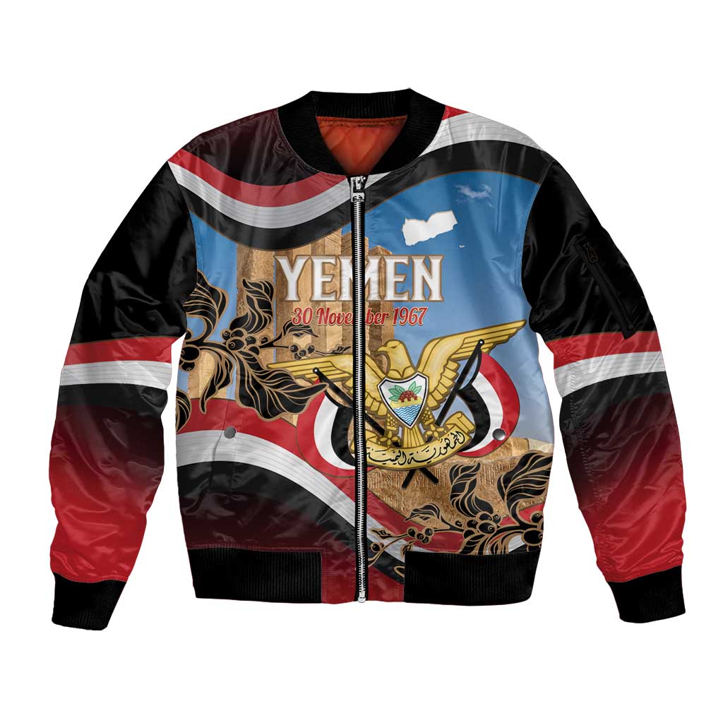 Personalised Yemen Independence Day Sleeve Zip Bomber Jacket Awwam Temple With Coat Of Arms Proud - Wonder Print Shop