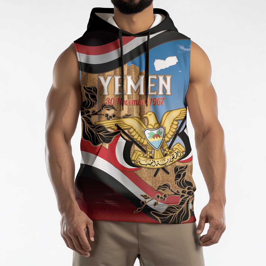 Personalised Yemen Independence Day Sleeveless Hoodie Awwam Temple With Coat Of Arms Proud - Wonder Print Shop