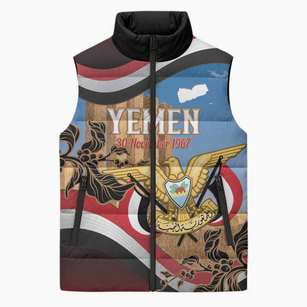 Personalised Yemen Independence Day Sleeveless Puffer Jacket Awwam Temple With Coat Of Arms Proud - Wonder Print Shop