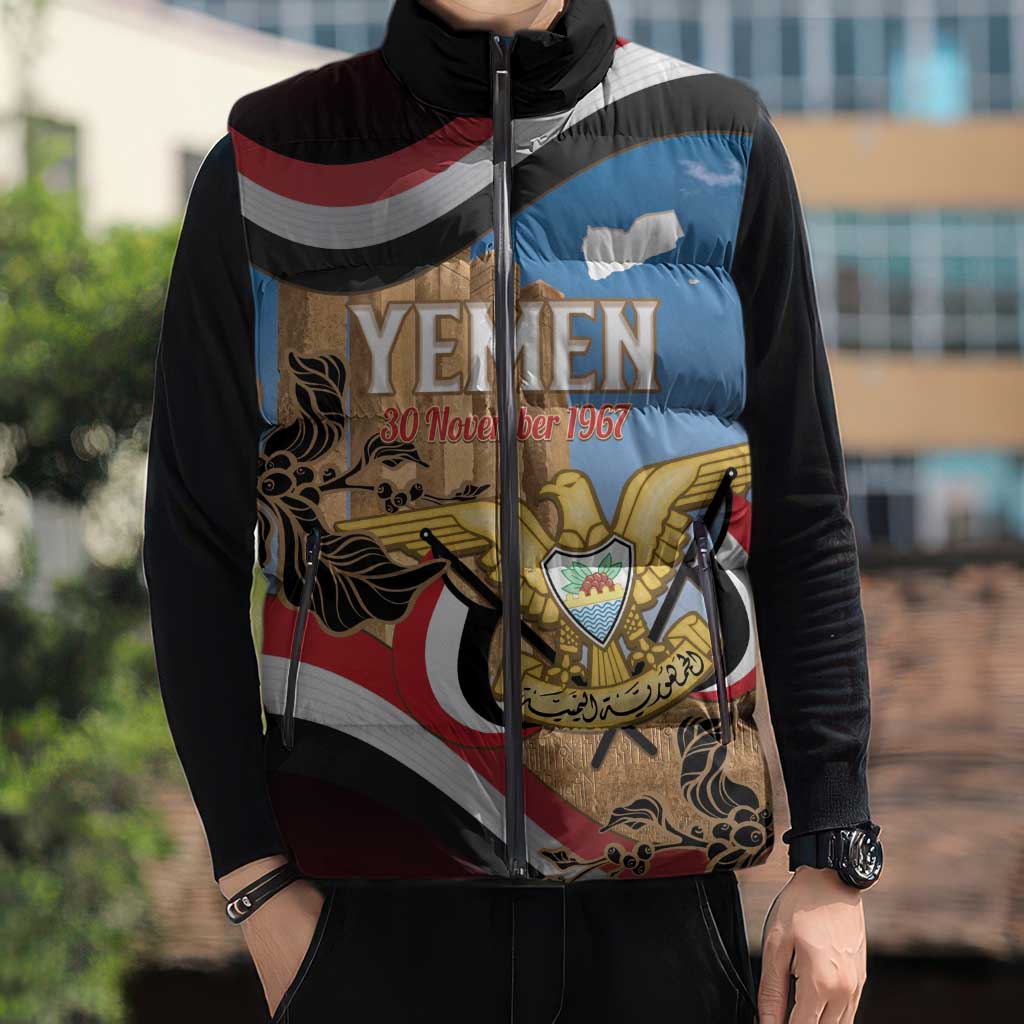 Personalised Yemen Independence Day Sleeveless Puffer Jacket Awwam Temple With Coat Of Arms Proud - Wonder Print Shop