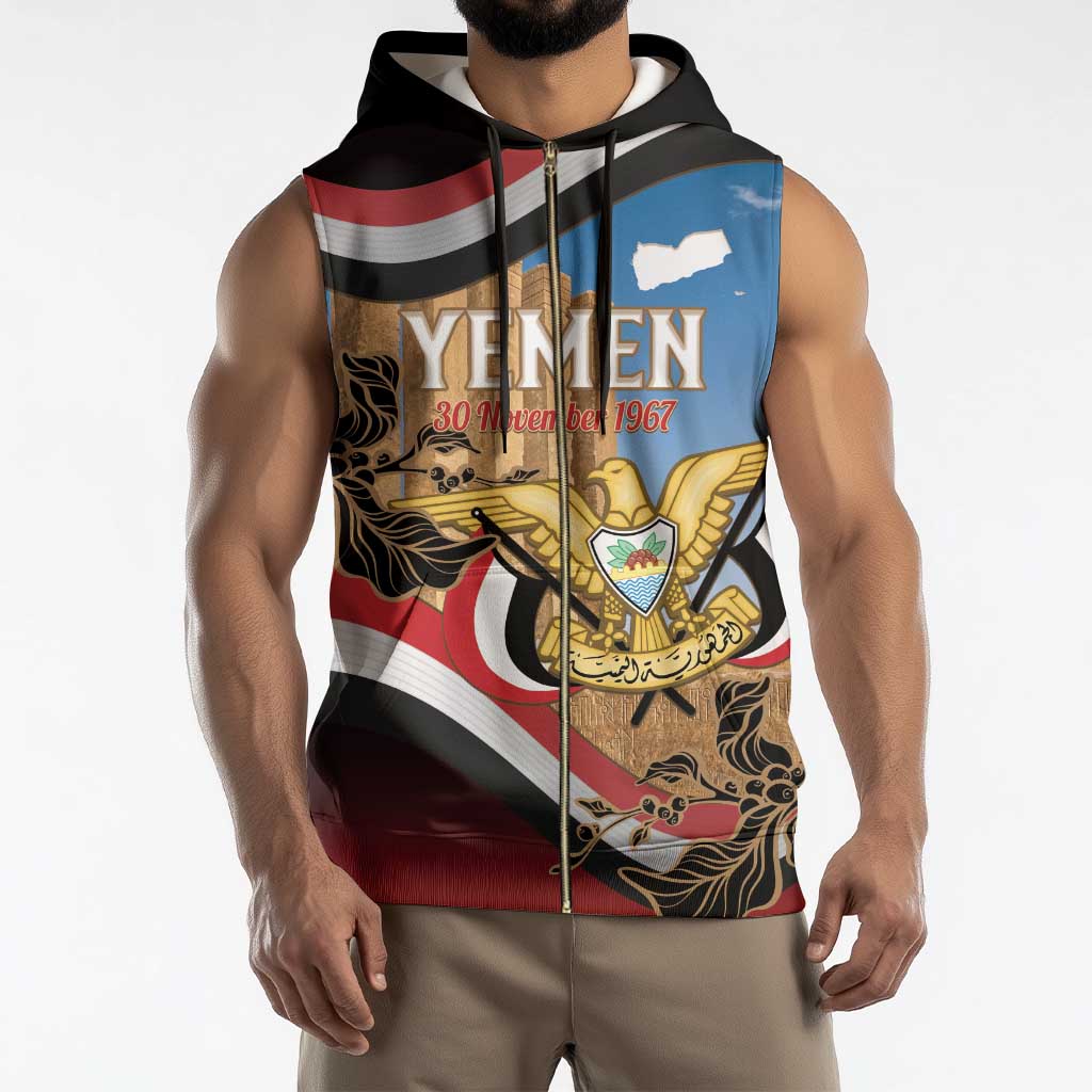 Personalised Yemen Independence Day Sleeveless Zip Hoodie Awwam Temple With Coat Of Arms Proud - Wonder Print Shop