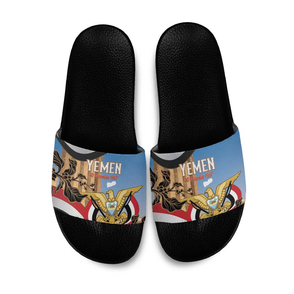 Personalised Yemen Independence Day Slide Sandals Awwam Temple With Coat Of Arms Proud - Wonder Print Shop