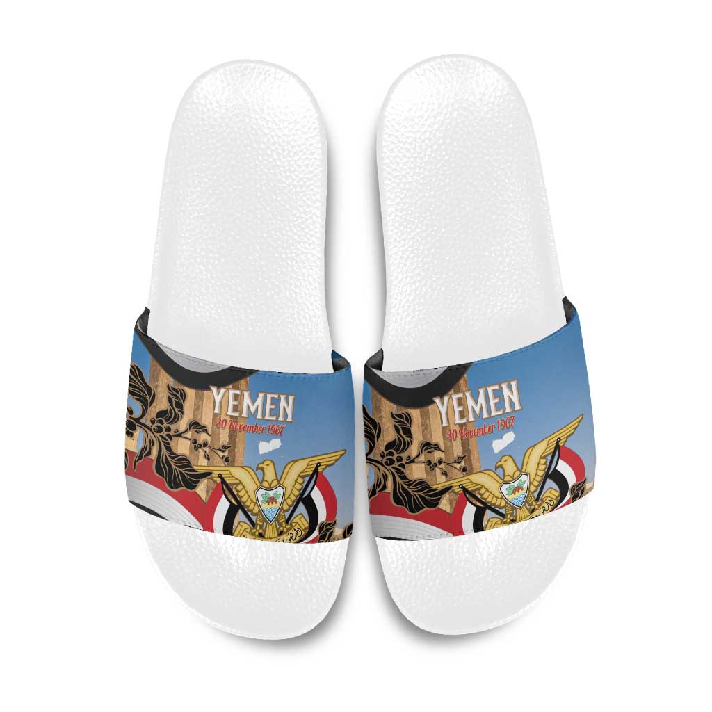 Personalised Yemen Independence Day Slide Sandals Awwam Temple With Coat Of Arms Proud - Wonder Print Shop