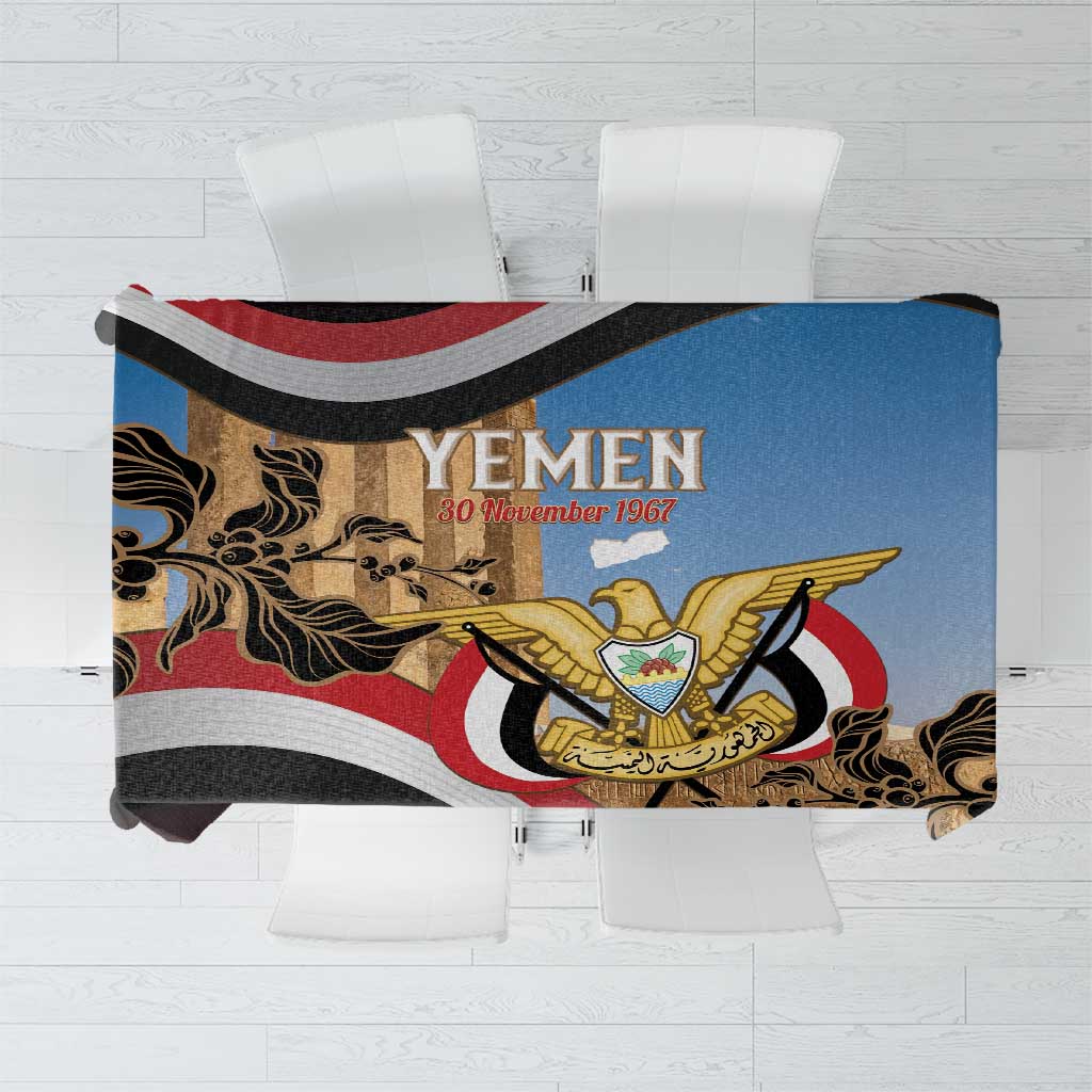 Personalised Yemen Independence Day Tablecloth Awwam Temple With Coat Of Arms Proud - Wonder Print Shop