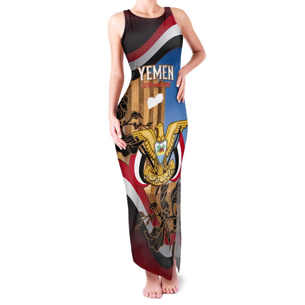 Personalised Yemen Independence Day Tank Maxi Dress Awwam Temple With Coat Of Arms Proud - Wonder Print Shop