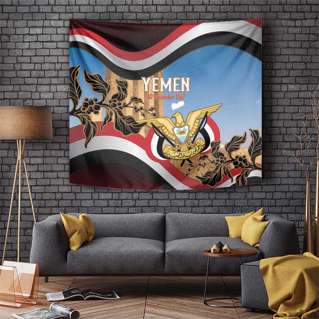 Personalised Yemen Independence Day Tapestry Awwam Temple With Coat Of Arms Proud - Wonder Print Shop