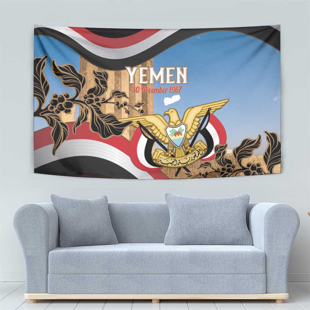 Personalised Yemen Independence Day Tapestry Awwam Temple With Coat Of Arms Proud - Wonder Print Shop
