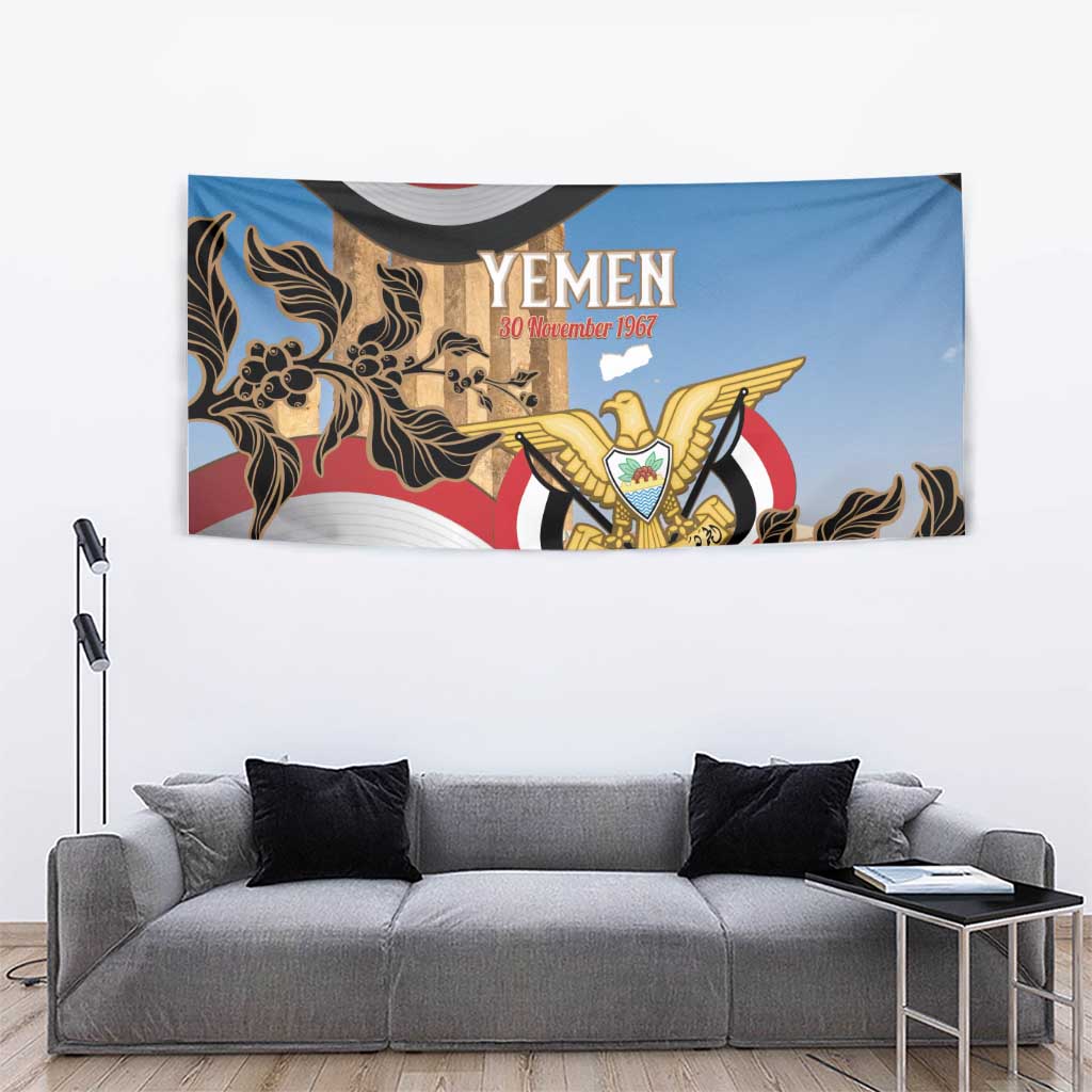 Personalised Yemen Independence Day Tapestry Awwam Temple With Coat Of Arms Proud - Wonder Print Shop