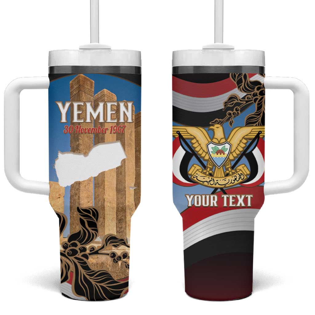 Personalised Yemen Independence Day Tumbler With Handle Awwam Temple With Coat Of Arms Proud - Wonder Print Shop