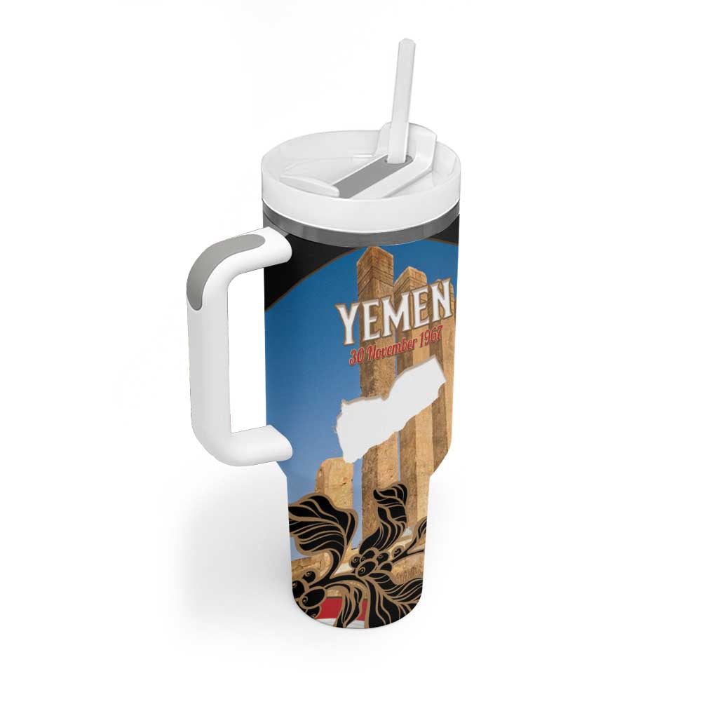 Personalised Yemen Independence Day Tumbler With Handle Awwam Temple With Coat Of Arms Proud - Wonder Print Shop