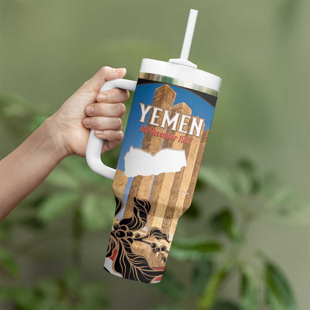 Personalised Yemen Independence Day Tumbler With Handle Awwam Temple With Coat Of Arms Proud - Wonder Print Shop