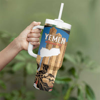 Personalised Yemen Independence Day Tumbler With Handle Awwam Temple With Coat Of Arms Proud - Wonder Print Shop