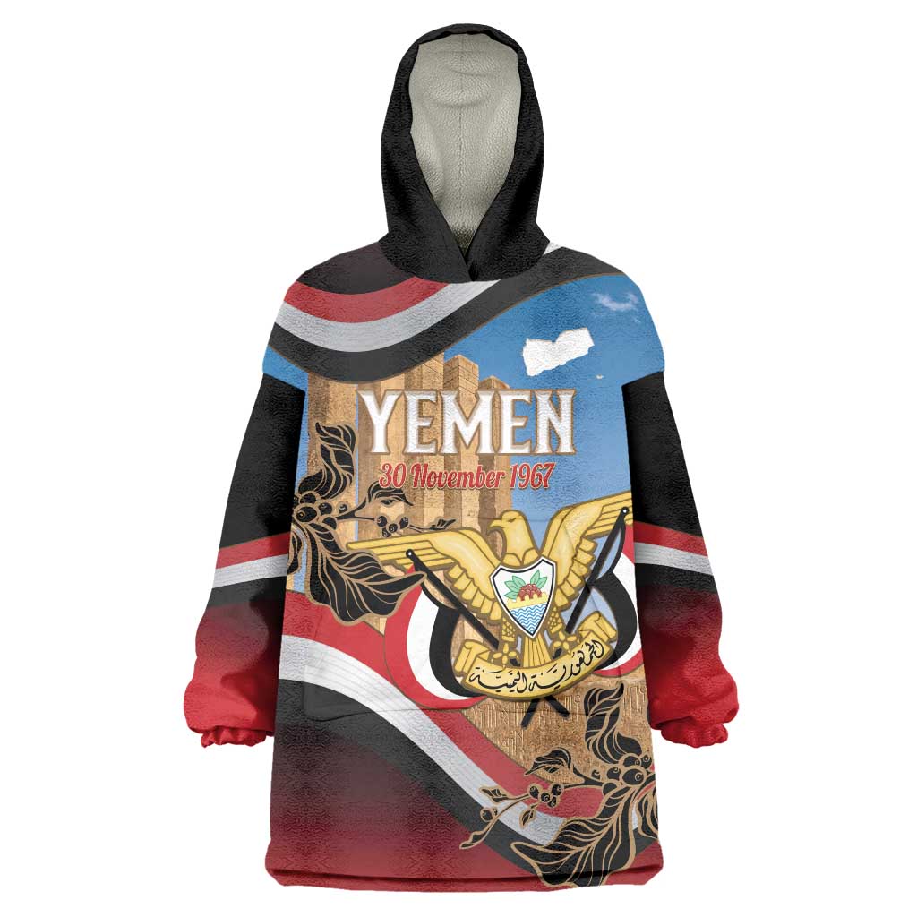 Personalised Yemen Independence Day Wearable Blanket Hoodie Awwam Temple With Coat Of Arms Proud - Wonder Print Shop