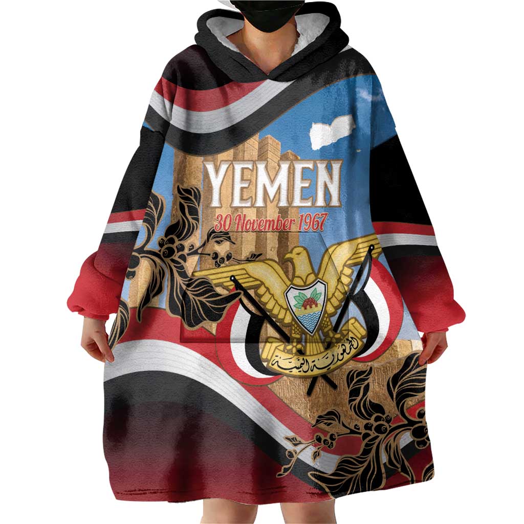 Personalised Yemen Independence Day Wearable Blanket Hoodie Awwam Temple With Coat Of Arms Proud - Wonder Print Shop