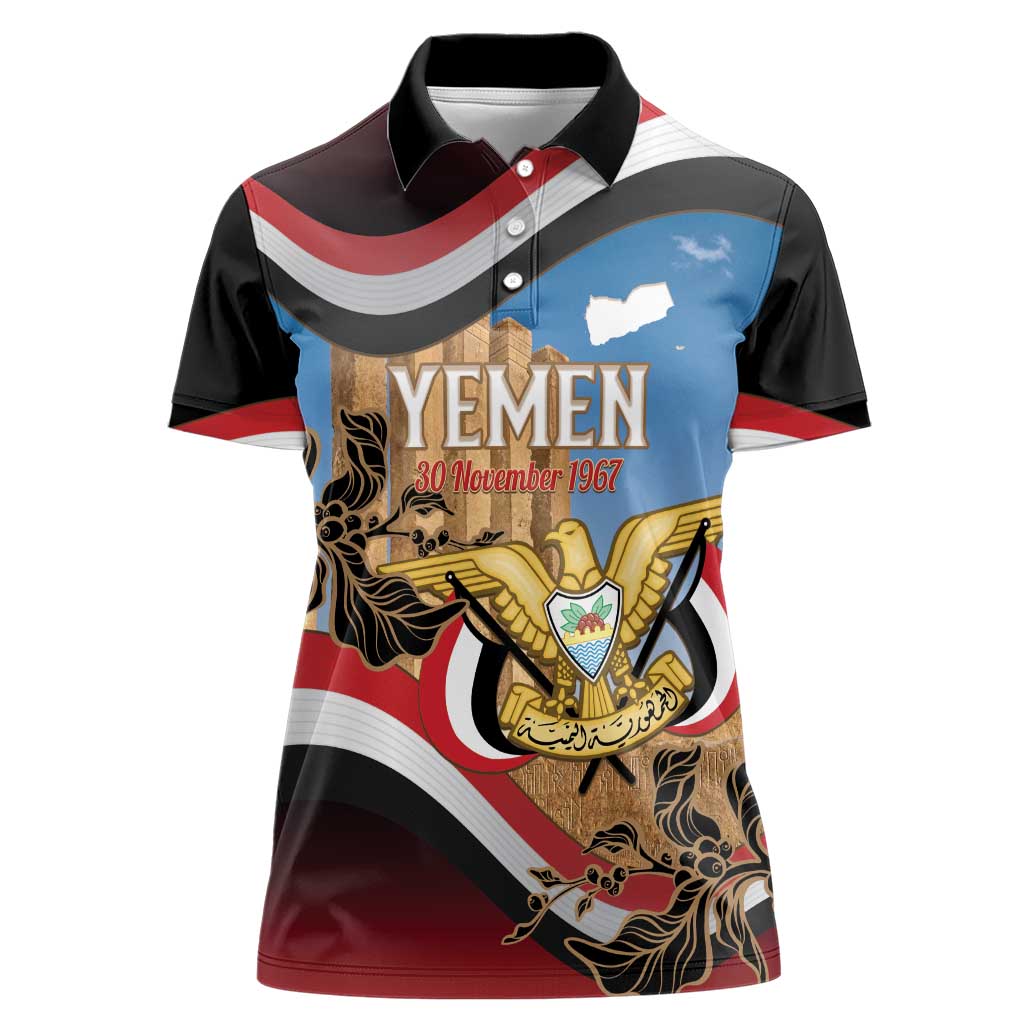 Personalised Yemen Independence Day Women Polo Shirt Awwam Temple With Coat Of Arms Proud - Wonder Print Shop