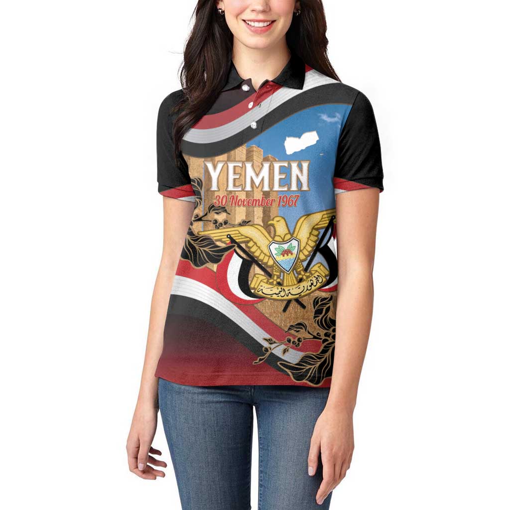 Personalised Yemen Independence Day Women Polo Shirt Awwam Temple With Coat Of Arms Proud - Wonder Print Shop
