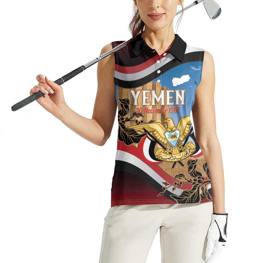 Personalised Yemen Independence Day Women Sleeveless Polo Shirt Awwam Temple With Coat Of Arms Proud - Wonder Print Shop