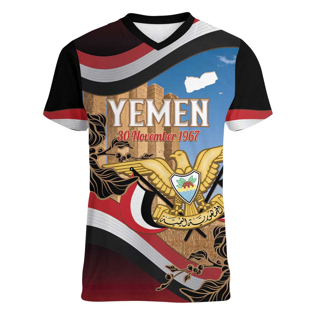 Personalised Yemen Independence Day Women V-Neck T-Shirt Awwam Temple With Coat Of Arms Proud - Wonder Print Shop