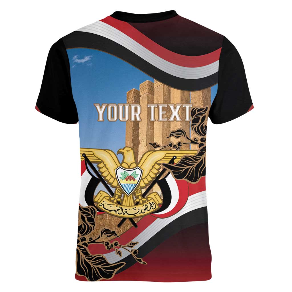 Personalised Yemen Independence Day Women V-Neck T-Shirt Awwam Temple With Coat Of Arms Proud - Wonder Print Shop