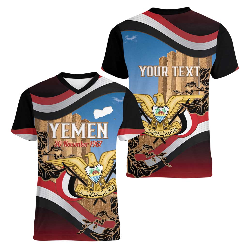 Personalised Yemen Independence Day Women V-Neck T-Shirt Awwam Temple With Coat Of Arms Proud - Wonder Print Shop