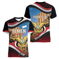 Personalised Yemen Independence Day Women V-Neck T-Shirt Awwam Temple With Coat Of Arms Proud - Wonder Print Shop