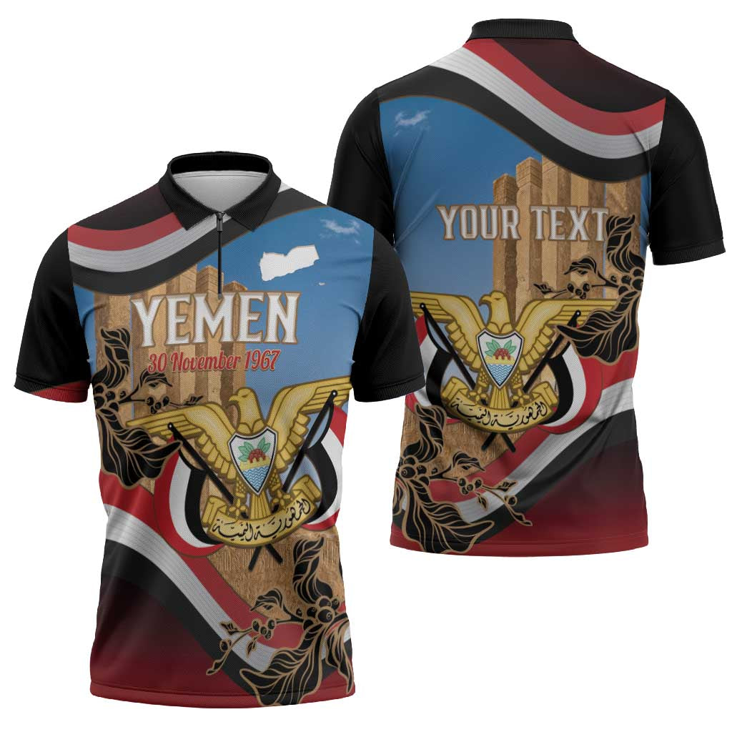 Personalised Yemen Independence Day Zipper Polo Shirt Awwam Temple With Coat Of Arms Proud - Wonder Print Shop