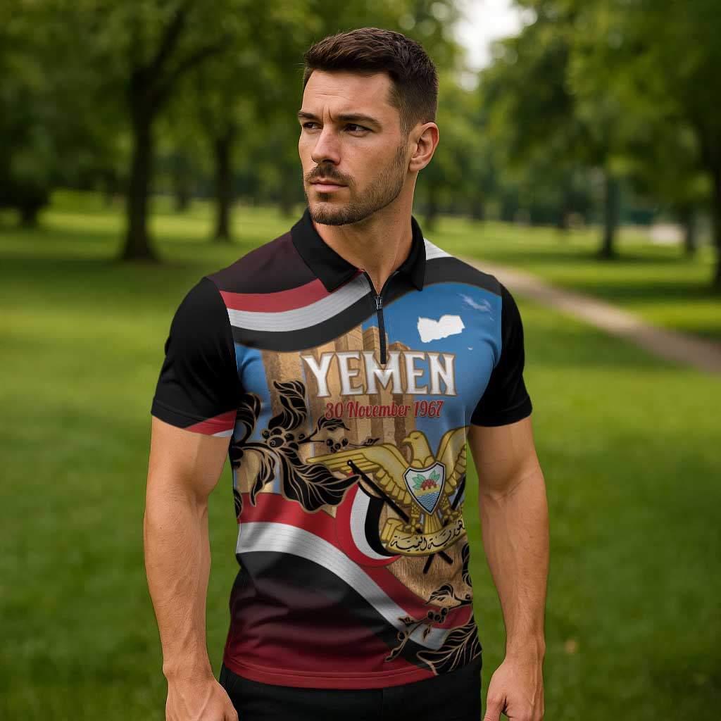 Personalised Yemen Independence Day Zipper Polo Shirt Awwam Temple With Coat Of Arms Proud - Wonder Print Shop