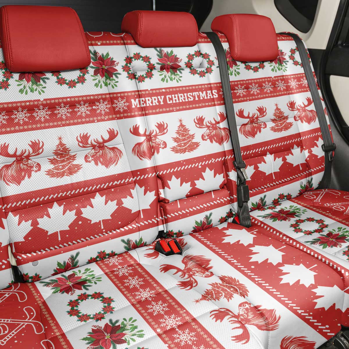 Canada Christmas Back Car Seat Cover Canadian Moose Maple Leaf Seamless Style - Wonder Print Shop