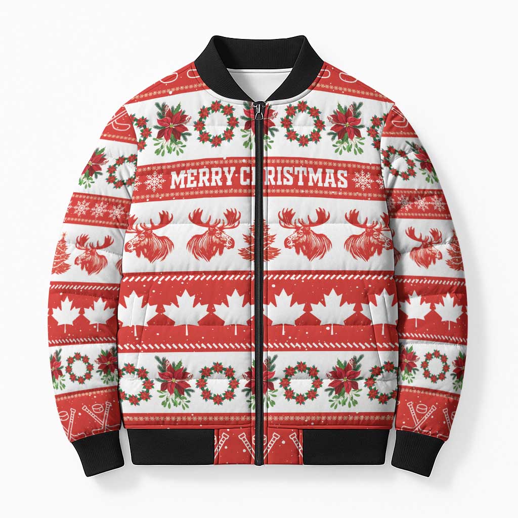 Personalised Canada Christmas Bomber Puffer Jacket Canadian Moose Maple Leaf Seamless Style - Wonder Print Shop