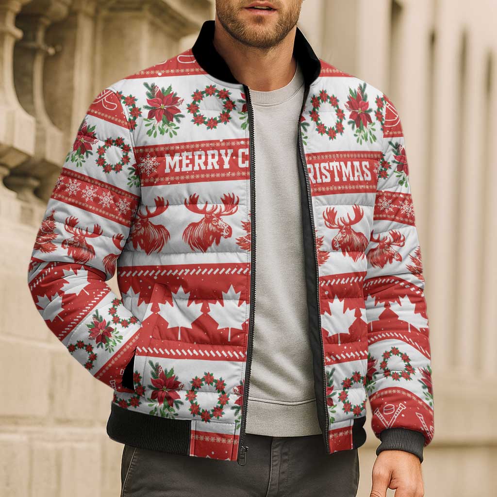Personalised Canada Christmas Bomber Puffer Jacket Canadian Moose Maple Leaf Seamless Style - Wonder Print Shop