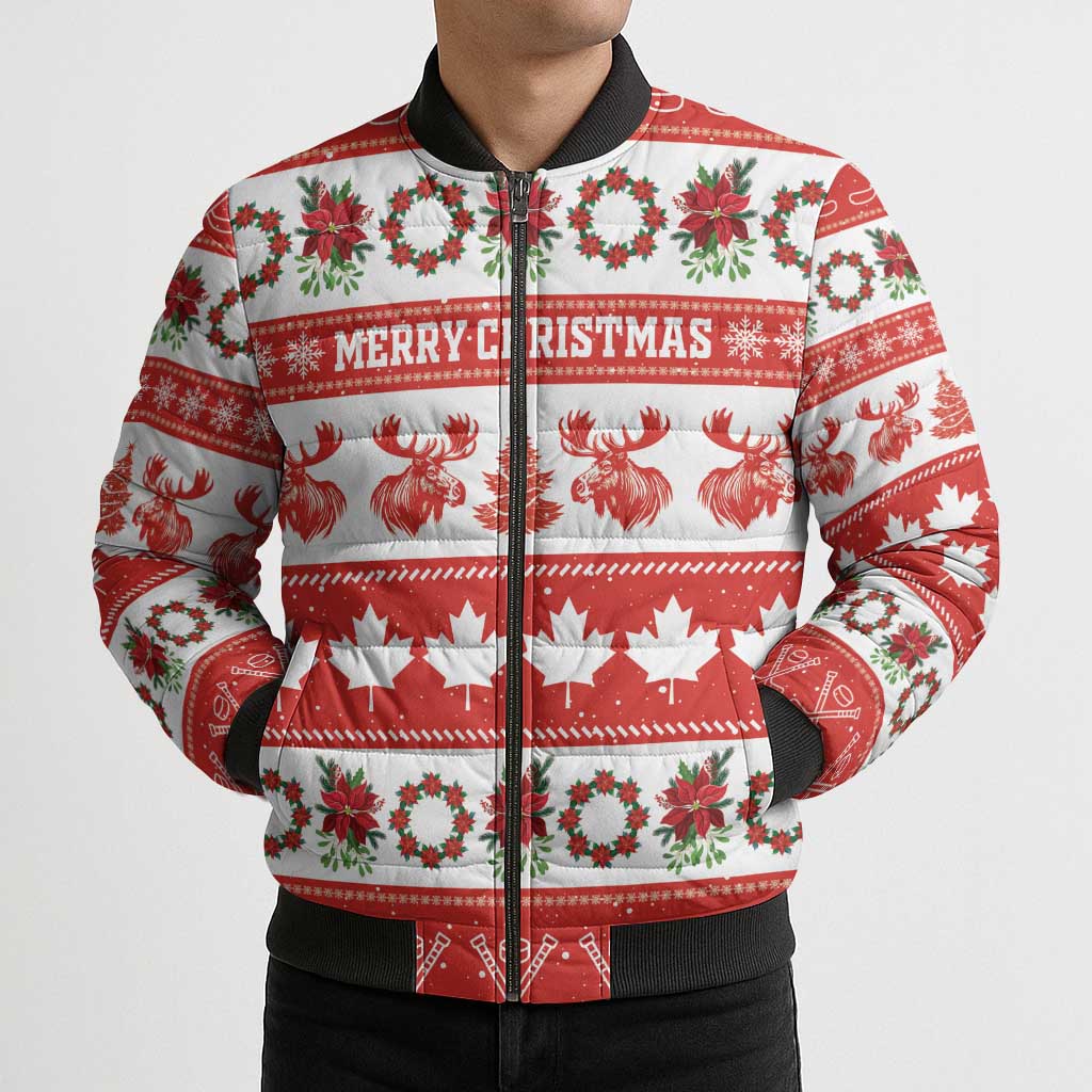 Personalised Canada Christmas Bomber Puffer Jacket Canadian Moose Maple Leaf Seamless Style - Wonder Print Shop