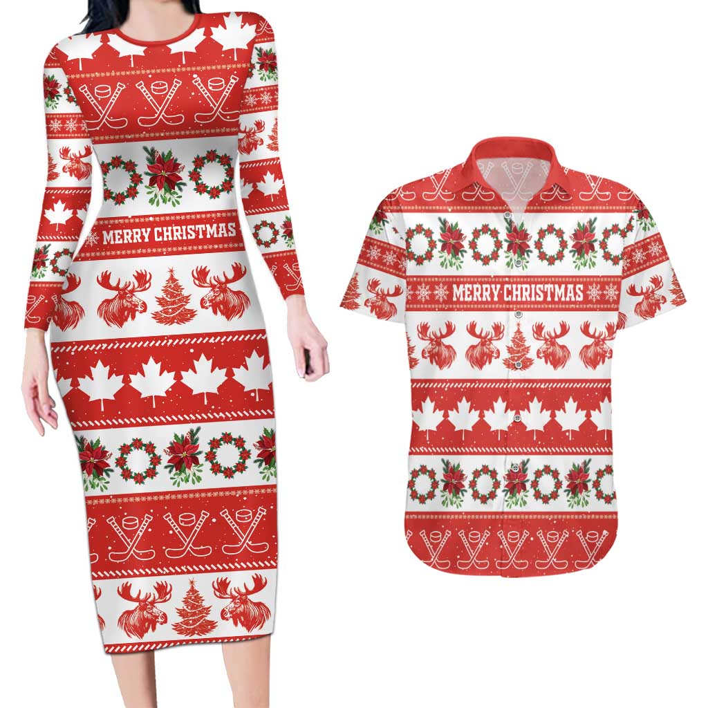 Personalised Canada Christmas Couples Matching Long Sleeve Bodycon Dress and Hawaiian Shirt Canadian Moose Maple Leaf Seamless Style - Wonder Print Shop