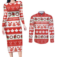 Personalised Canada Christmas Couples Matching Long Sleeve Bodycon Dress and Long Sleeve Button Shirt Canadian Moose Maple Leaf Seamless Style - Wonder Print Shop