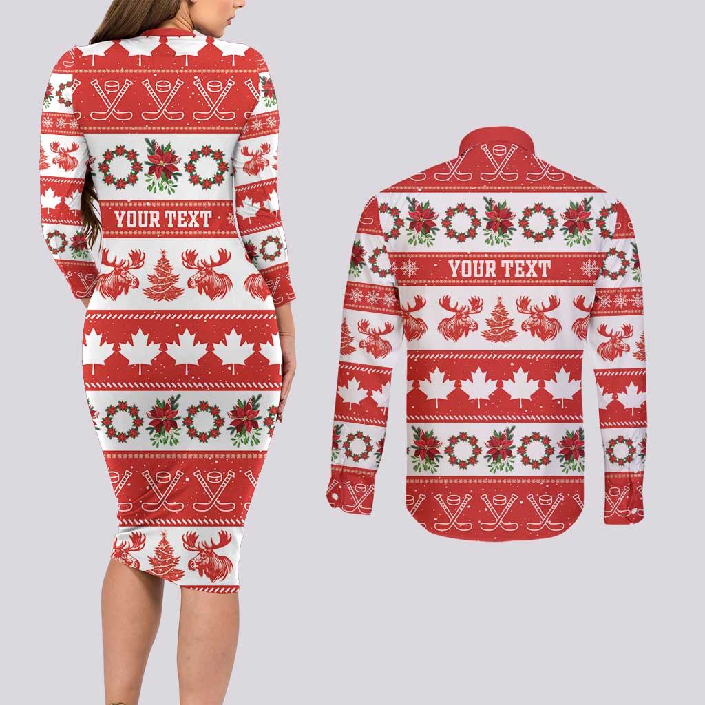 Personalised Canada Christmas Couples Matching Long Sleeve Bodycon Dress and Long Sleeve Button Shirt Canadian Moose Maple Leaf Seamless Style - Wonder Print Shop