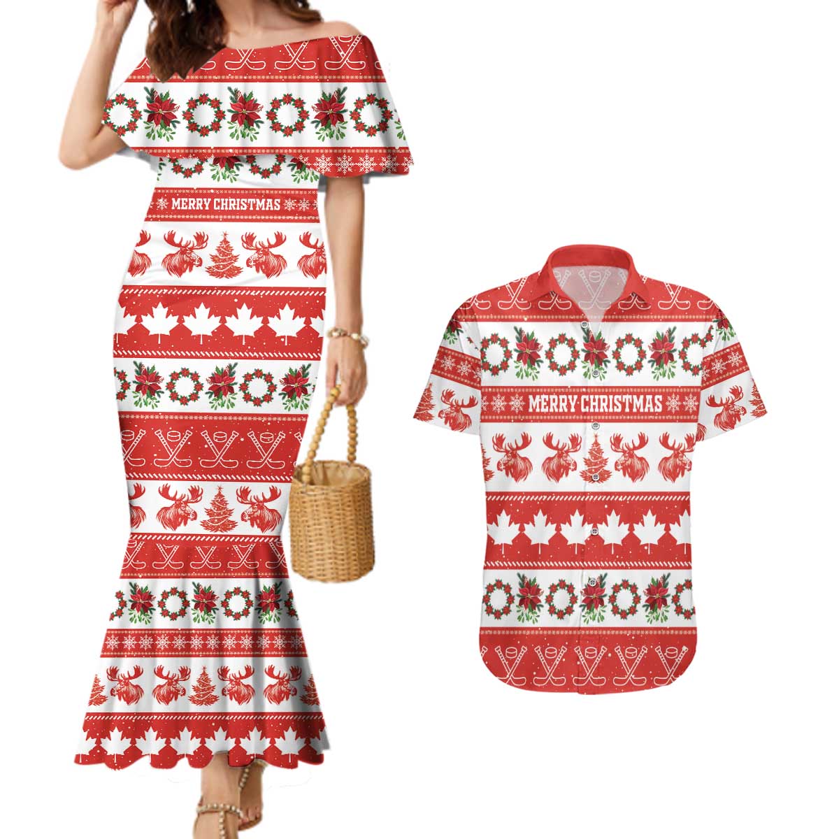 Personalised Canada Christmas Couples Matching Mermaid Dress and Hawaiian Shirt Canadian Moose Maple Leaf Seamless Style - Wonder Print Shop