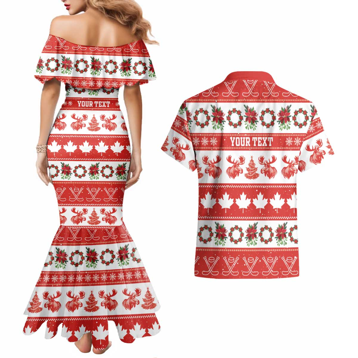 Personalised Canada Christmas Couples Matching Mermaid Dress and Hawaiian Shirt Canadian Moose Maple Leaf Seamless Style - Wonder Print Shop