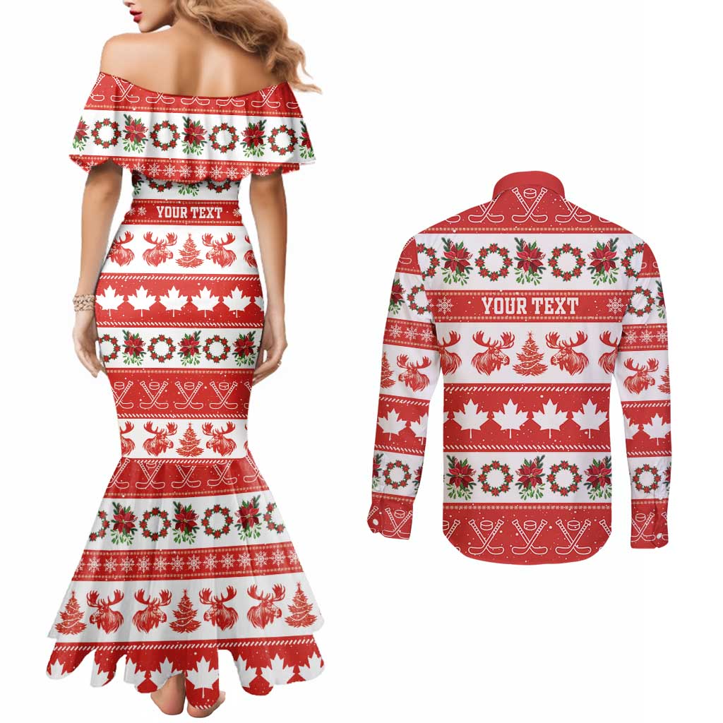Personalised Canada Christmas Couples Matching Mermaid Dress and Long Sleeve Button Shirt Canadian Moose Maple Leaf Seamless Style - Wonder Print Shop