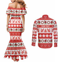 Personalised Canada Christmas Couples Matching Mermaid Dress and Long Sleeve Button Shirt Canadian Moose Maple Leaf Seamless Style - Wonder Print Shop