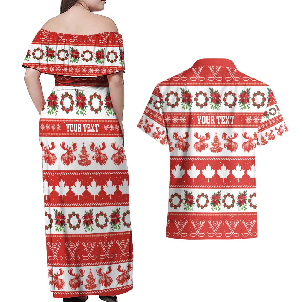 Personalised Canada Christmas Couples Matching Off Shoulder Maxi Dress and Hawaiian Shirt Canadian Moose Maple Leaf Seamless Style - Wonder Print Shop