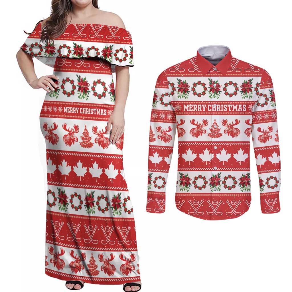 Personalised Canada Christmas Couples Matching Off Shoulder Maxi Dress and Long Sleeve Button Shirt Canadian Moose Maple Leaf Seamless Style - Wonder Print Shop