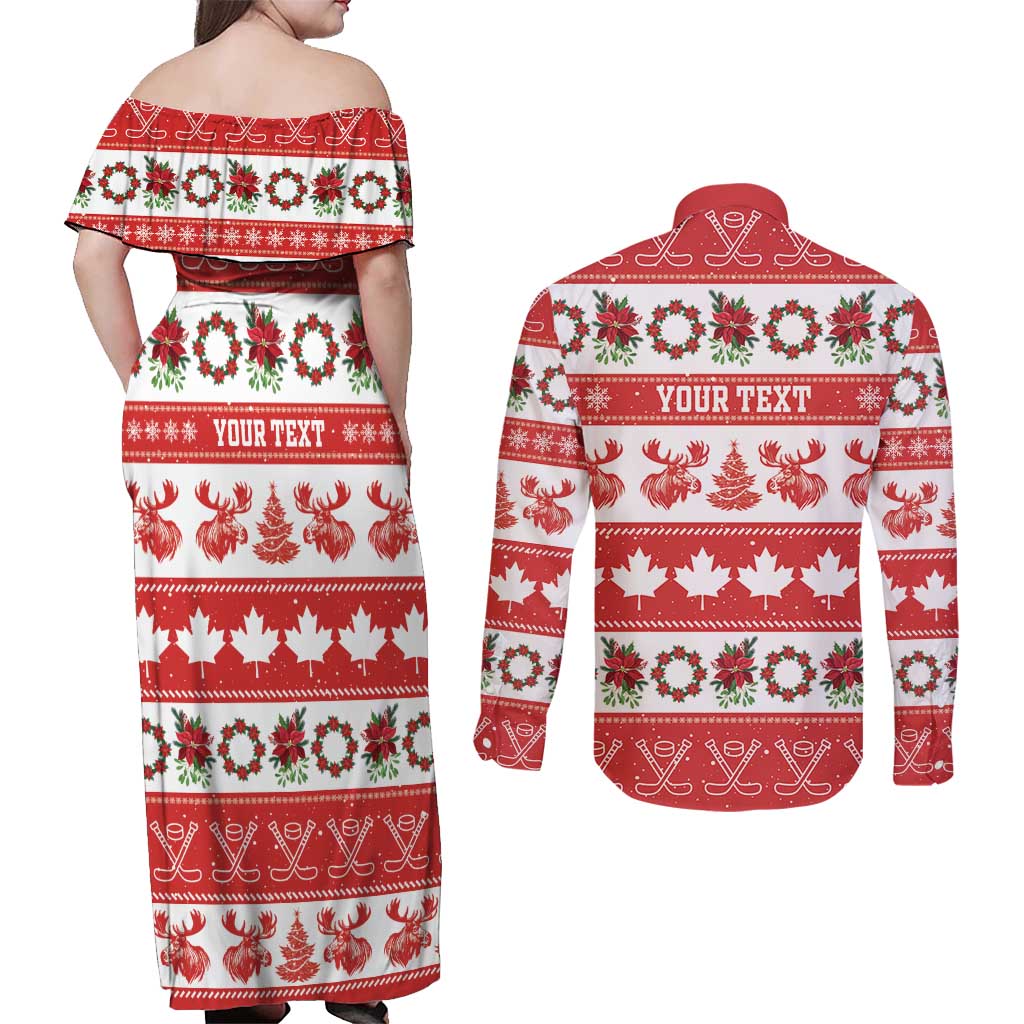 Personalised Canada Christmas Couples Matching Off Shoulder Maxi Dress and Long Sleeve Button Shirt Canadian Moose Maple Leaf Seamless Style - Wonder Print Shop