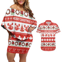 Personalised Canada Christmas Couples Matching Off Shoulder Short Dress and Hawaiian Shirt Canadian Moose Maple Leaf Seamless Style - Wonder Print Shop