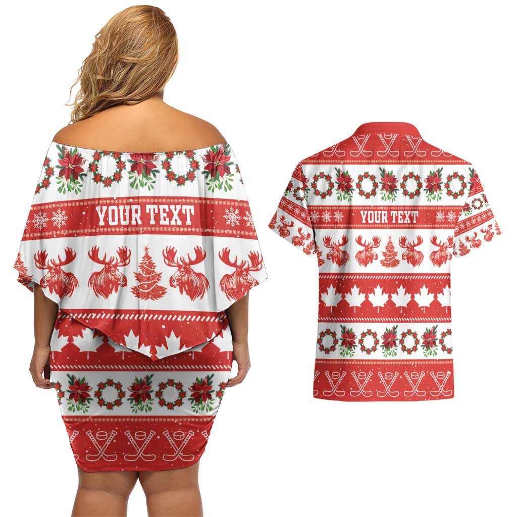 Personalised Canada Christmas Couples Matching Off Shoulder Short Dress and Hawaiian Shirt Canadian Moose Maple Leaf Seamless Style - Wonder Print Shop