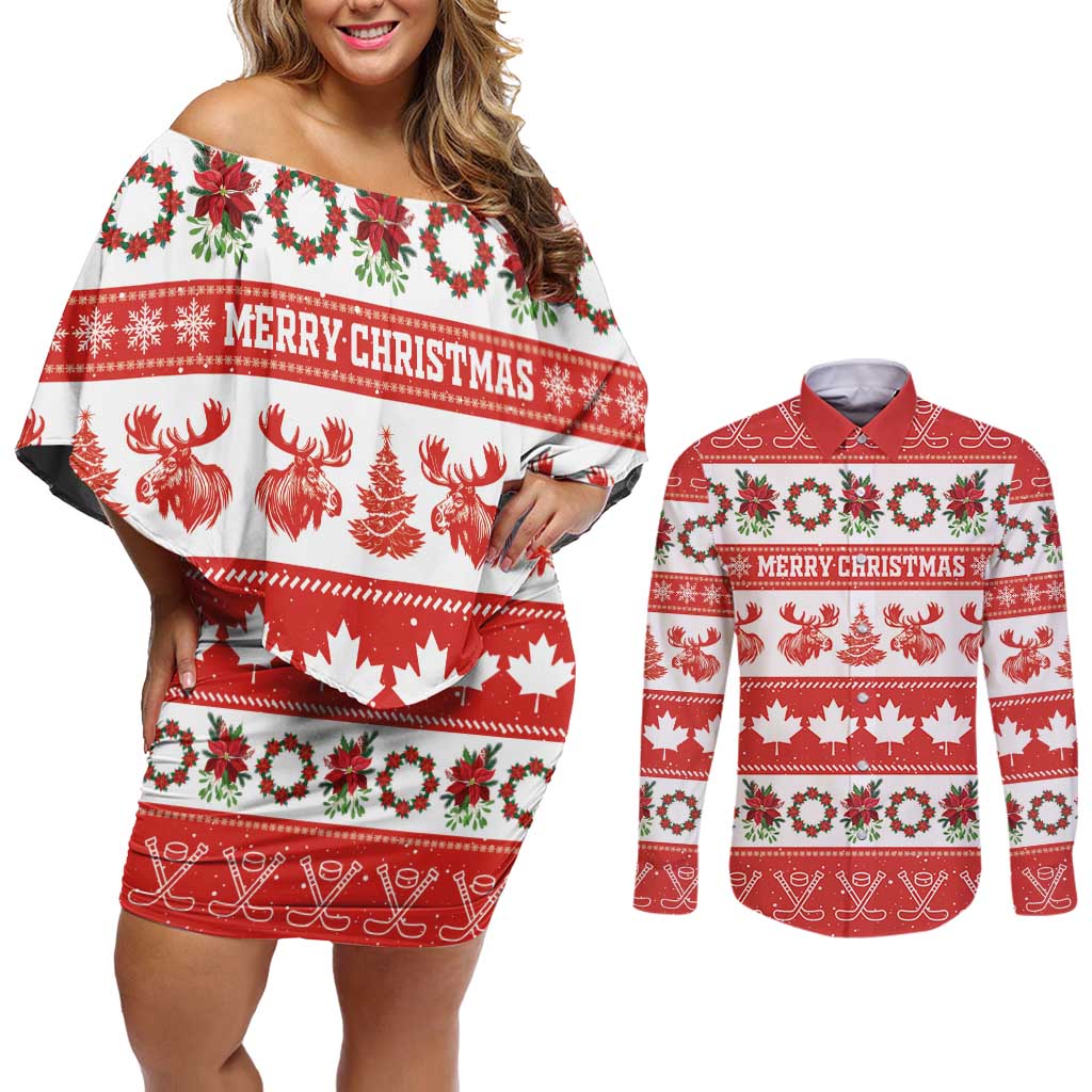 Personalised Canada Christmas Couples Matching Off Shoulder Short Dress and Long Sleeve Button Shirt Canadian Moose Maple Leaf Seamless Style - Wonder Print Shop
