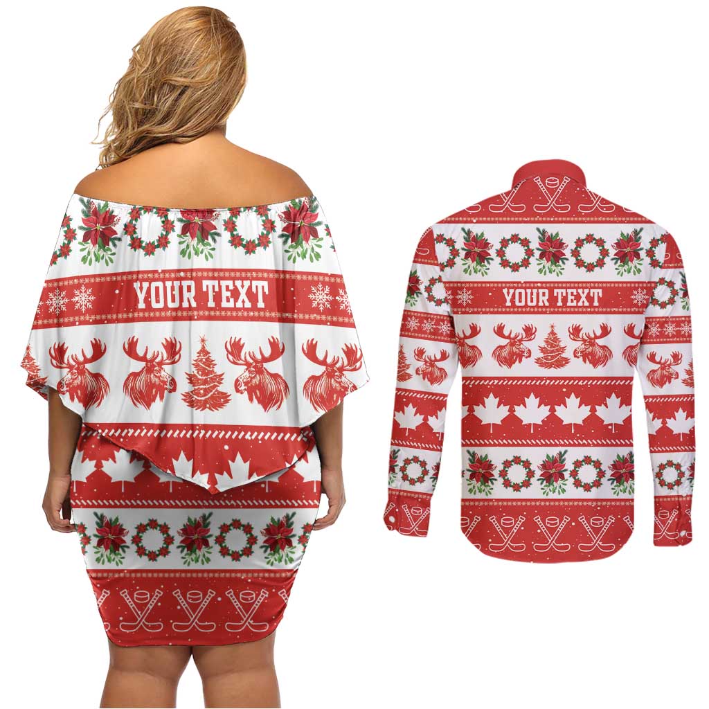 Personalised Canada Christmas Couples Matching Off Shoulder Short Dress and Long Sleeve Button Shirt Canadian Moose Maple Leaf Seamless Style - Wonder Print Shop